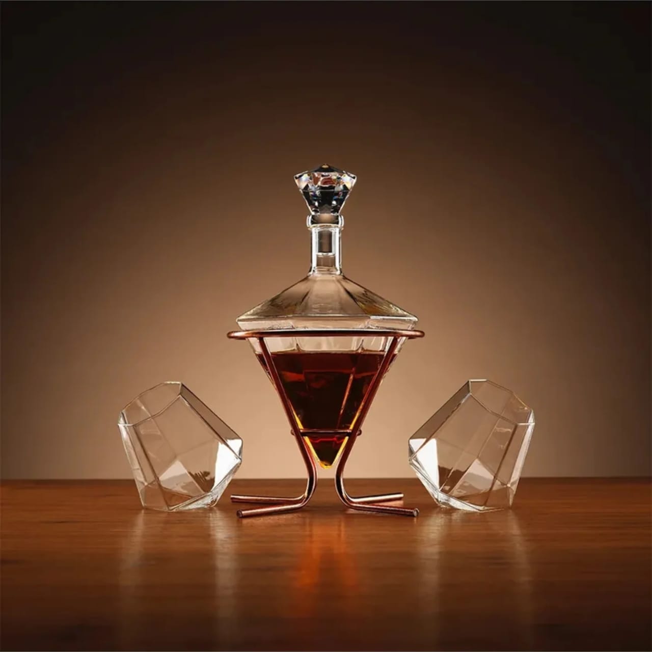 Diamond Decanter 2 Glasses with Rose Gold Stand  Whiskey drinking glass
