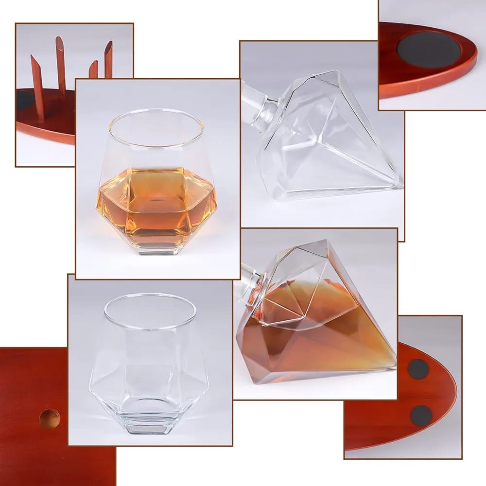 Diamond Decanter 2 Glasses with Rose Gold Stand  Whiskey drinking glass